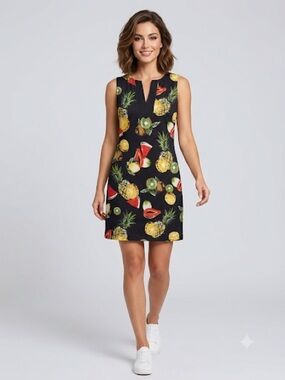 100% Cotton Y2K Retro Tropical Fruit Print Shift Dress Pockets Size S